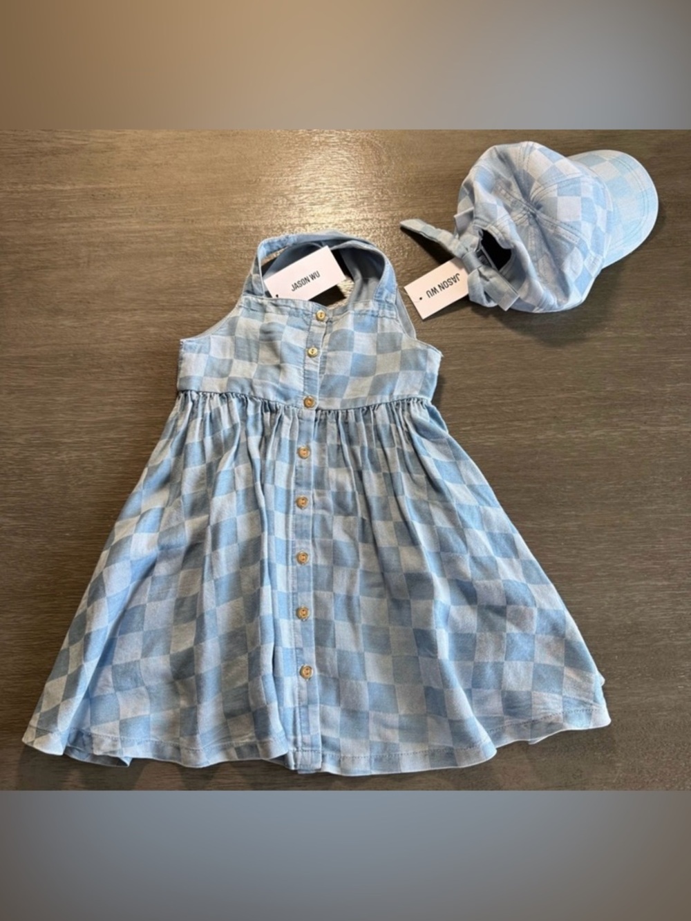 NWT Jason Wu Designer Baby 3T Blue Checkered Dress Set Hat